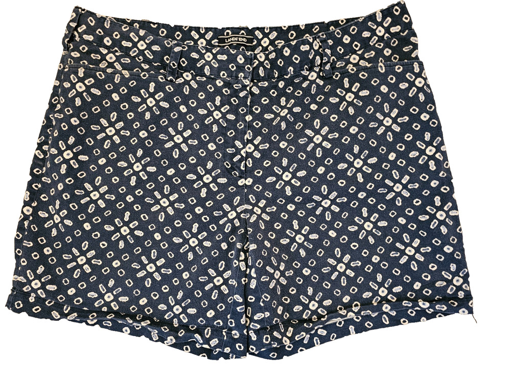 Lands End Womens Navy White Geo Print Cotton Shorts Size 18W Preppy Stretch